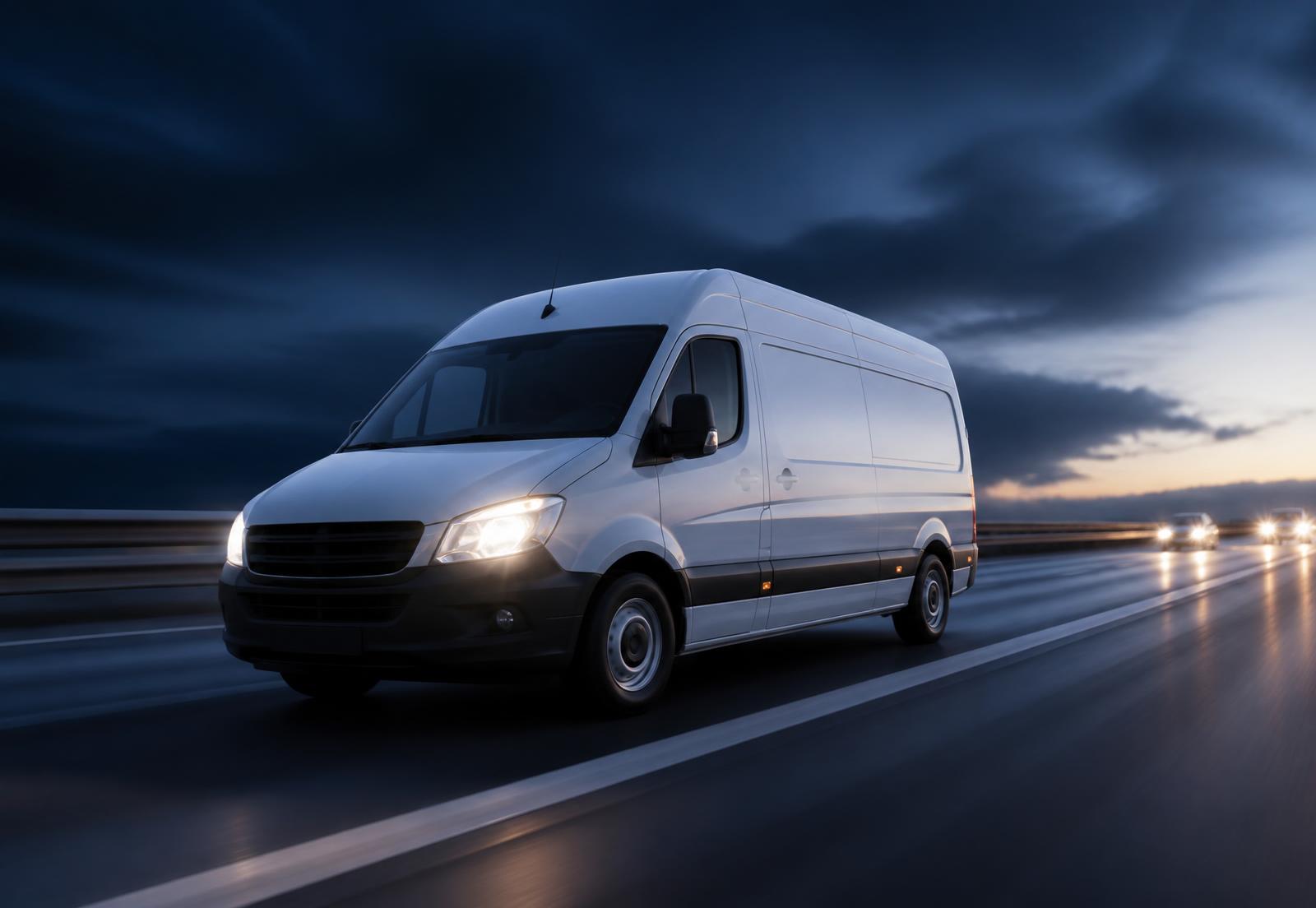 Cargo van in motion on a highway at dusk
